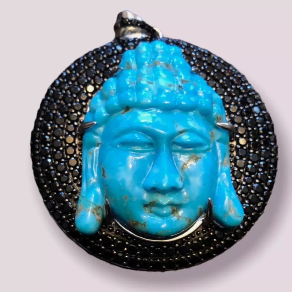 NWT Rarities Carved Turquoise Buddha & Black Spinel Pendant, Sterling Necklace